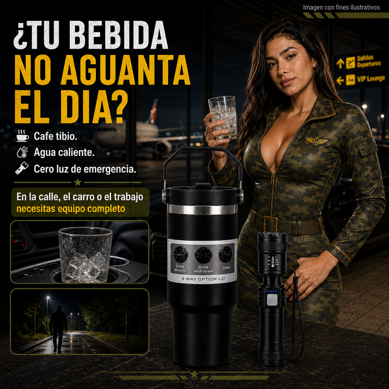 Kit Termo 900ml Doble Pared + Linterna Recargable Gratis – Mantiene Frío y Caliente