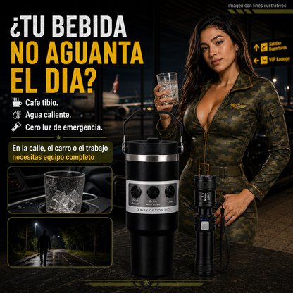 Kit Termo 900ml Doble Pared + Linterna Recargable Gratis – Mantiene Frío y Caliente