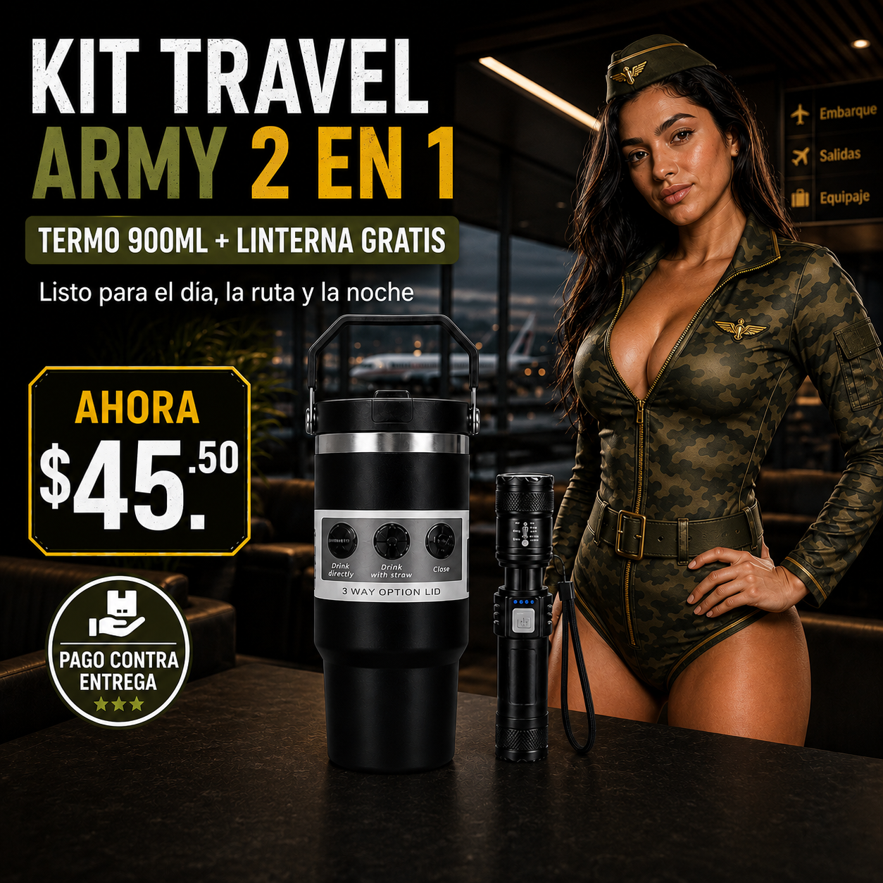 Kit Termo 900ml Doble Pared + Linterna Recargable Gratis – Mantiene Frío y Caliente
