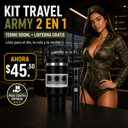 Kit Termo 900ml Doble Pared + Linterna Recargable Gratis – Mantiene Frío y Caliente