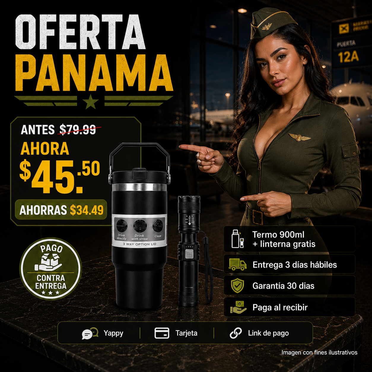 Kit Termo 900ml Doble Pared + Linterna Recargable Gratis – Mantiene Frío y Caliente