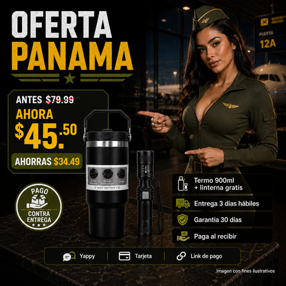 Kit Termo 900ml Doble Pared + Linterna Recargable Gratis – Mantiene Frío y Caliente